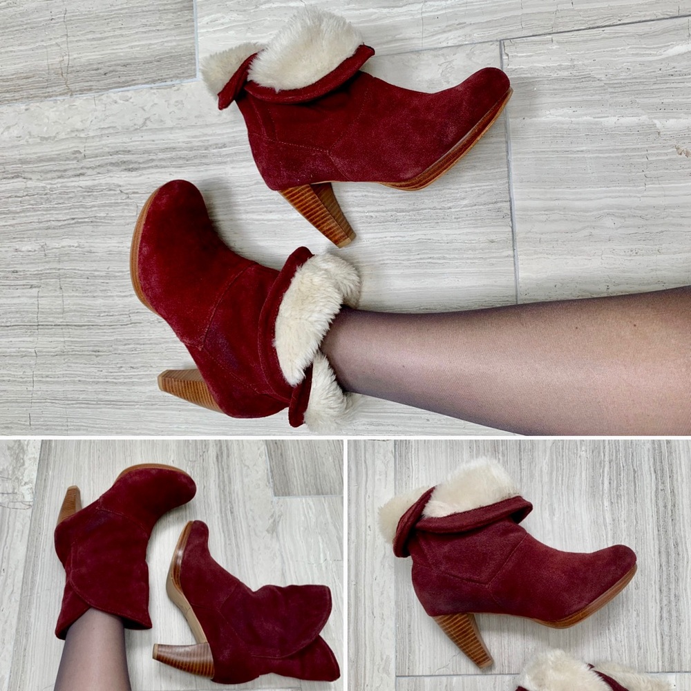 Volatile Buttercup White Fur Wine Suede Ankle Boot